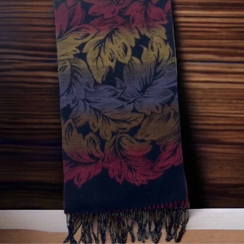 Scarf Boho Nice and Soft Leaf Print with Fringe in Beautiful Fall Colors OS